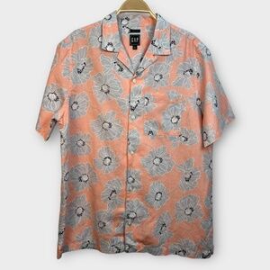 Gap Camp Shirt Men Large Floral Resort Linen Blend Button Up Hawaiian Island EUC